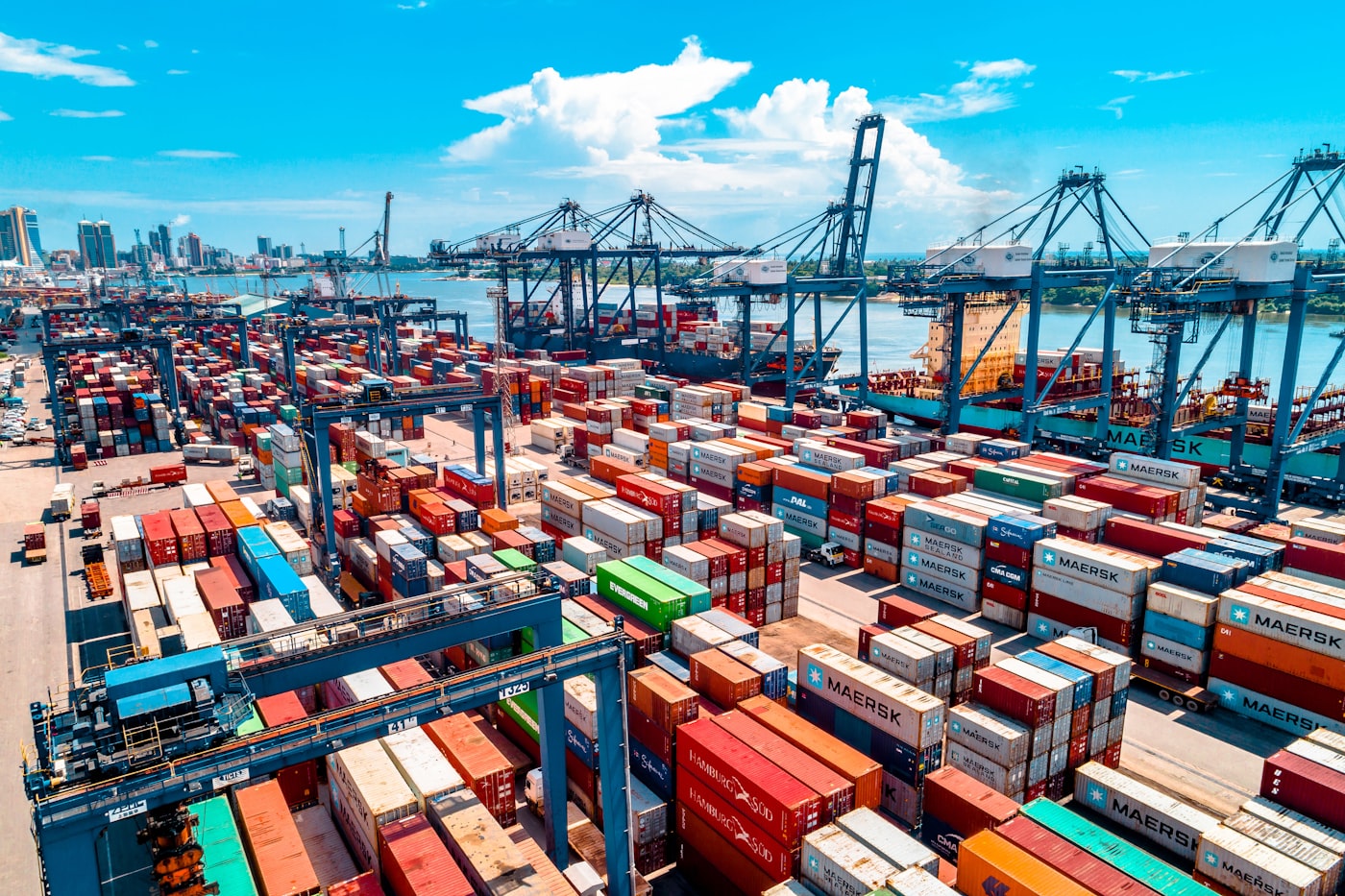 Container financing Vietnam shipping port with stacked containers