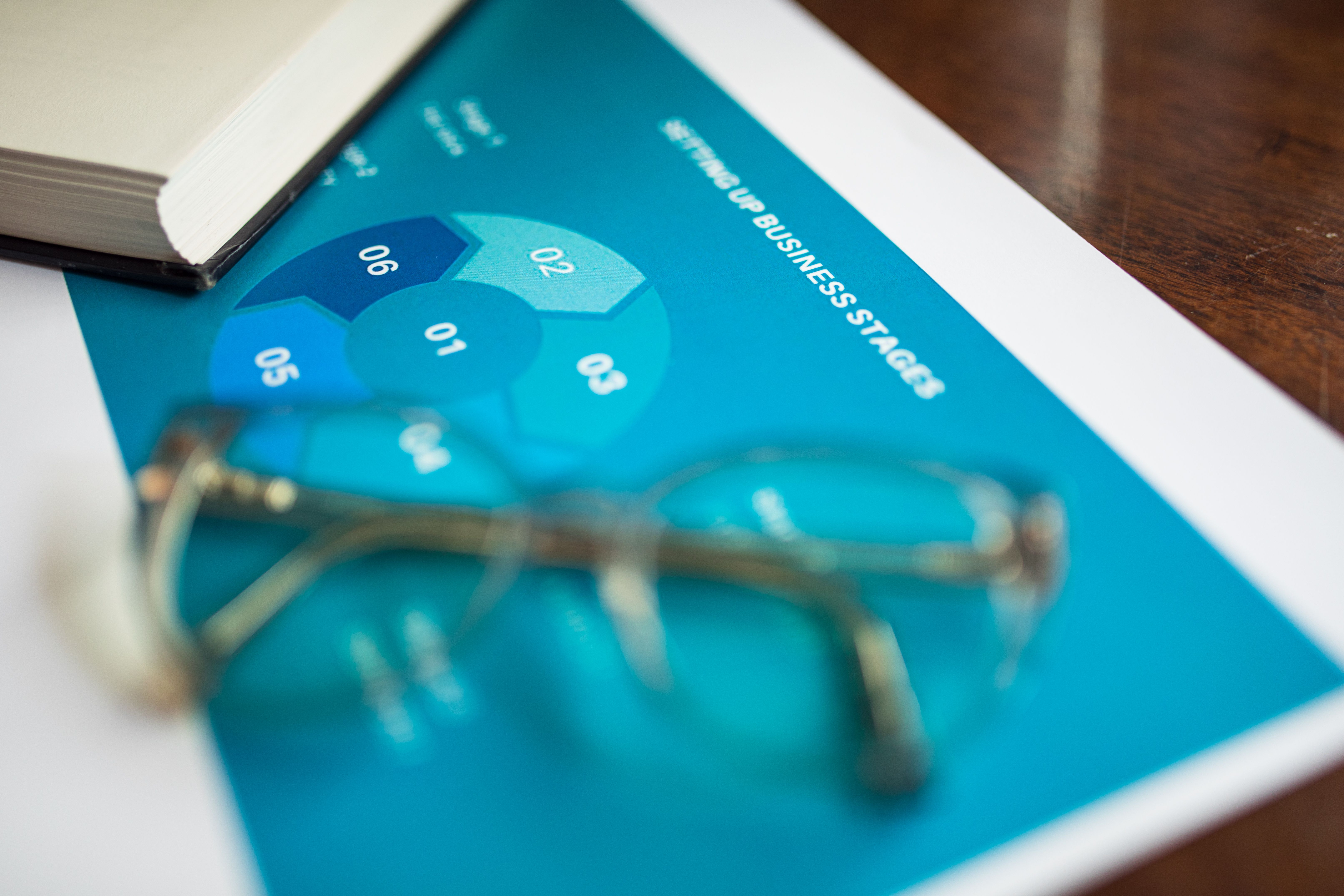 Business documents and eyeglasses for reviewing a deal diagram